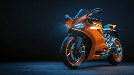 Sleek orange sport motorcycle with glowing headlights in a dark studio setting, showcasing modern design, speed, and performance under dramatic lighting.