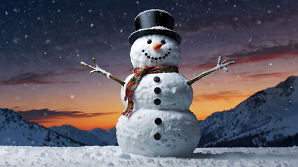 Obraz premium Snowman in the snow background Generative AI.