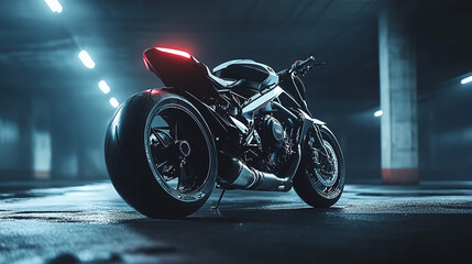 Stylish black motorcycle with glowing red taillights parked in a dimly lit garage, highlighting power, sleek design, and an urban aesthetic.