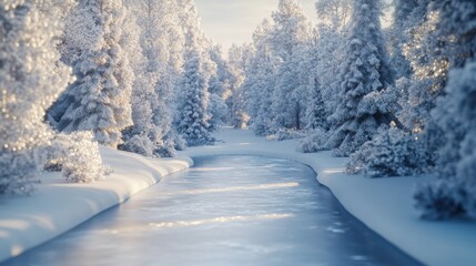 Obraz premium Snow-covered trees lining a frozen river in a winter wonderland scene.