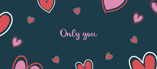 Trendy Happy Valentine's Day with cute pink heart, romantic words in blue color background for sale, advertising, brochures, postcard, greeting card, flyer, banners, social media. Vector illustration.