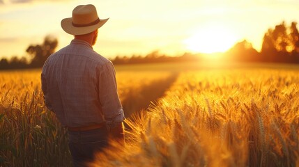 Fototapeta premium Farmer Stands in Golden Wheat Field at Sunset with Warm Light