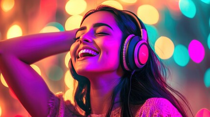 Joyful young woman enjoying music with colorful lights background
