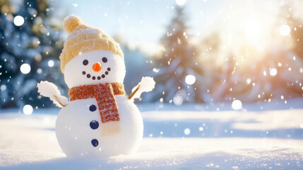 Fototapeta premium Cheerful snowman greeting card for a festive Christmas season