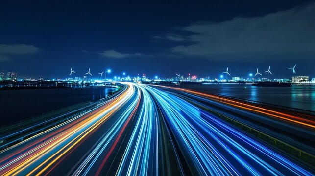 Nighttime long exposure capture of wind turbines creating dynamic light trails for renewable energy - Powered by Adobe