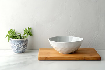 Elegant White Ceramic Bowl on Bamboo Cutting Board