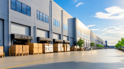 Large industrial warehouse features loading bays and grey cladding, illuminated by a warm sunset against a bright blue sky