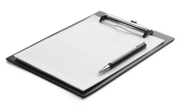 Blank clipboard with pen, clean white paper, ready for notes or signatures, minimalistic design, office supplies, isolated on transparent background, png