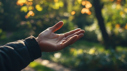 Open Hand Reaching Towards Light in Lush Green Garden Scene