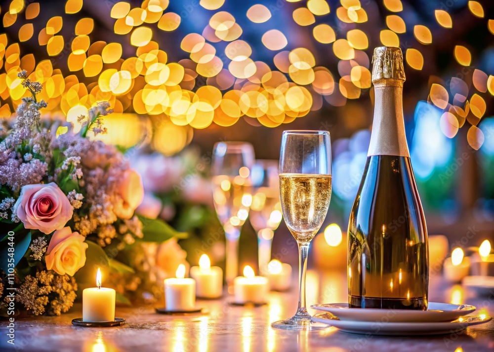 Poster elegant bottle of champagne on a table for a beautiful wedding reception with bokeh effect, creating