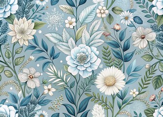 Elegant Botanical Pattern in Soft Dusty Blue and Crisp White with Hand-Drawn Doodle-Style Flowers and Foliage for a Serene Aesthetic Appeal