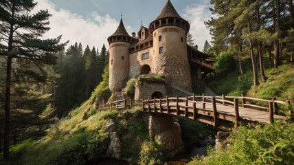 Here's a caption and keywords for your image.. Majestic fairytale castle nestled in a lush forest, accessed by a wooden bridge.