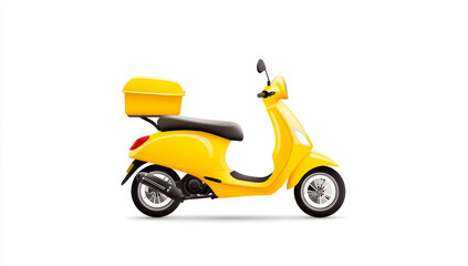 Yellow scooter with food delivery box on white background