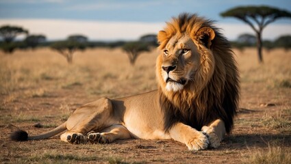 A majestic male lion cub, king of the savannah, rests in the tall grass