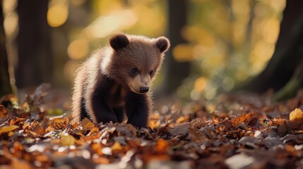 Adorable Brown Bear Cub Walking Through Colorful Autumn Leaves