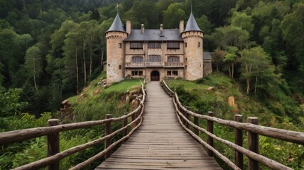 Here's a description and keywords for your stock photo.. Majestic castle nestled in lush forest, accessed by wooden bridge.