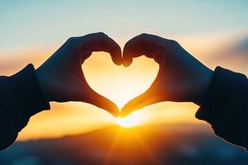 Heart shape made by hands with sunset silhouette and open space for text