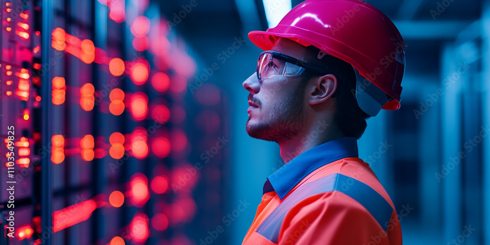 Poster data center operations server room ai technology industrial environment side view ai generate innova