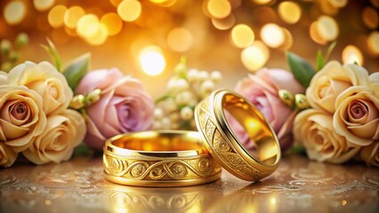 Elegant Close-Up of Two Gold Wedding Rings Featuring Intricate Floral Designs, Perfect for Celebrating Love and Commitment in Wedding Photography and Invitations