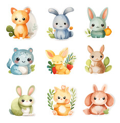 Fototapeta premium Charming bunny and animal stickers featuring watercolor designs of adorable woodland creatures, perfect for crafting and decoration Transparent PNG.