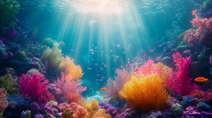 Naklejka premium Colorful Coral Reef Underwater Scene with Sunlight Streaming Through Water
