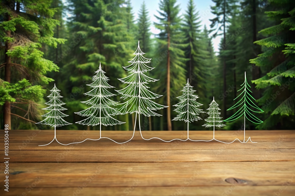 Aufkleber elegant continuous line drawing of pine fir trees in a serene forest setting - captivating product p