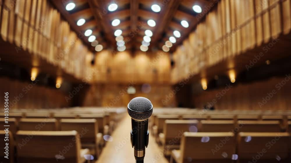 Poster microphone ready on stage in spacious auditorium with wooden architecture and seating, setting atmos