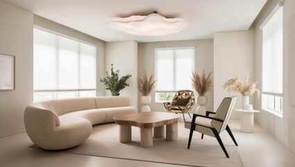 Modern living space showcasing Scandinavian minimalism with sleek, soft furniture and clean decor.