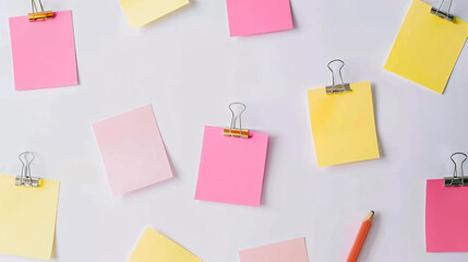 Pink and yellow sticky notes with a paper clip against a white background.