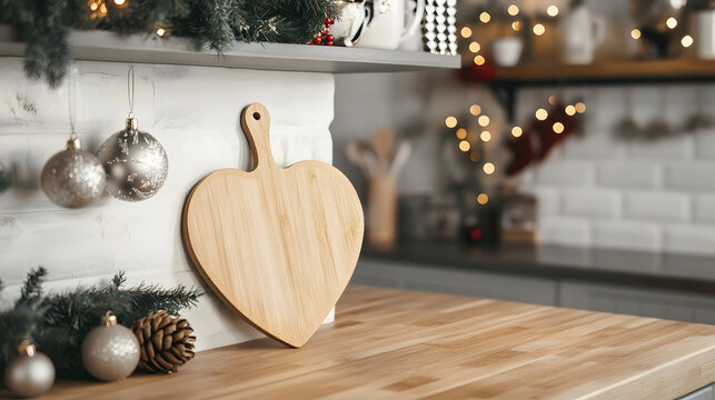 Heart-Shaped Bamboo Cutting Board with Christmas Decorations in the Kitchen.