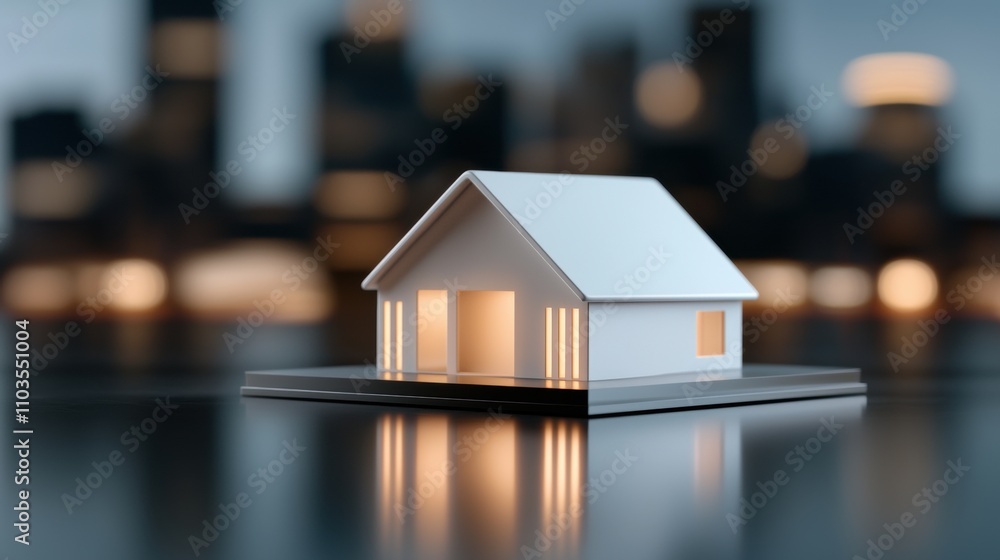 Poster miniature model of a small white house on a black surface. the house has a sloping roof and two smal