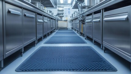 Industrial kitchen with floor mats and anti-slip surfaces, showcasing hygiene and worker safety