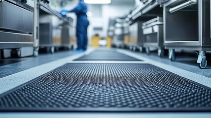 Industrial kitchen with floor mats and anti-slip surfaces, showcasing hygiene and worker safety