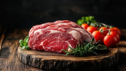 Raw Beef Steak on a Wooden Board with Herbs and Tomatoes
