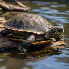 Obraz premium An Amazon river turtle resting on a sunlit log in the water.