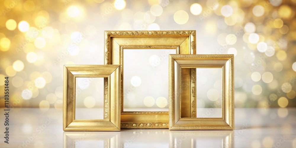 Aufkleber elegant display of three gold picture frames on a white background with bokeh effect for home decor 