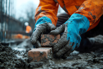Bricklayer placing bricks with mortar, construction process, wet and muddy environment, masonry work, close-up detail, building foundation, safety gear, construction labor.