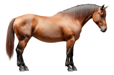 A brown horse standing with a white background