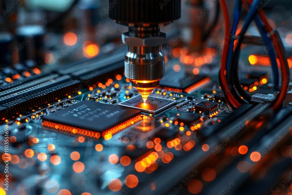 Poster futuristic semiconductor chips with intricate circuits and holographic displays in advanced labs