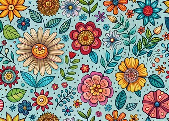 Elegant Doodle Style Floral Pattern in Vibrant Colors Perfect for Home Decor and Textile Designs, Showcasing Artistic Floral Elements and Whimsical Details
