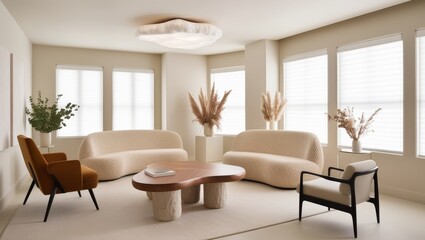 Fototapeta premium Bright Scandinavian living room with minimalist decor, neutral tones, and cozy natural textures.
