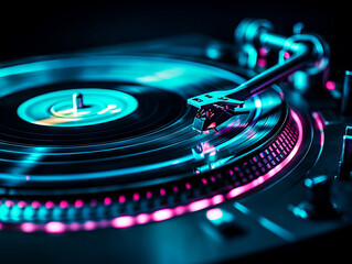 vibrant close up of turntable in action, with vinyl record spinning under colorful lights, creating dynamic and nostalgic atmosphere