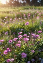 Obraz premium Fresh purple and pink wildflowers growing in a sunny meadow, meadow, sunny