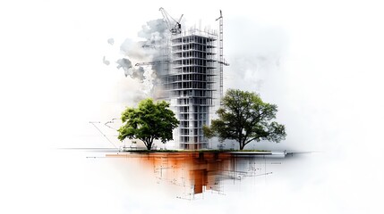 A breathtaking fusion of architectural blueprints and realistic urban visuals, showcasing the structural elegance and complexity of a skyscraper in progress 
