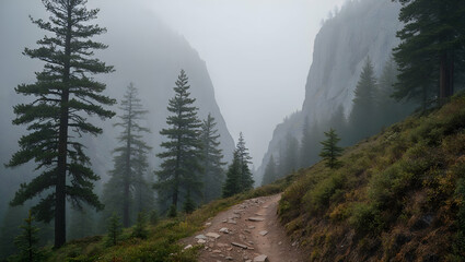 Hiking trail through misty forest with tall trees in a mountain landscape during early morning hours