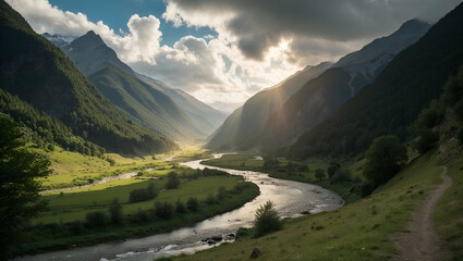 Scenic view of a winding river through lush valleys and majestic mountains during sunset