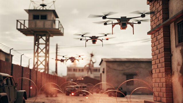 swarm of drones transmits encrypted signals in secure military base, showcasing advanced technology and surveillance capabilities. scene is set against backdrop of watchtowers and vehicles