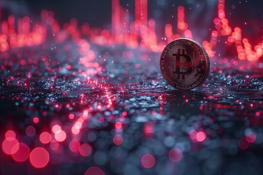 Close up of bitcoin btc coin on dark cryptocurrency trading chart with green and red indicators