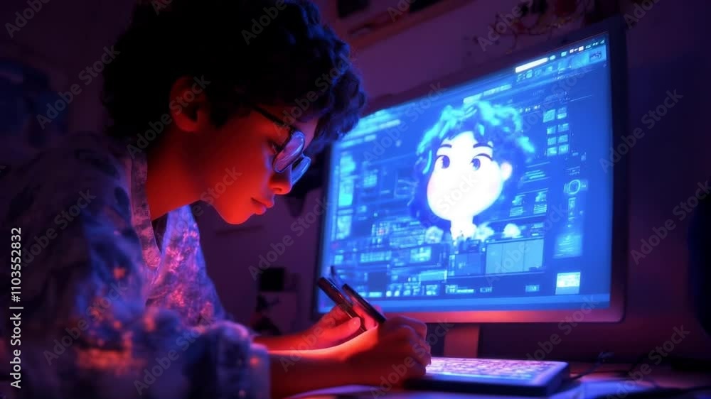 Poster artist coding on an advanced graphical interface under glowing ambient lighting