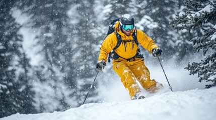 Skiing in a winter wonderland: A skier in bright yellow gear descends a snowy mountain amidst a heavy snowstorm.